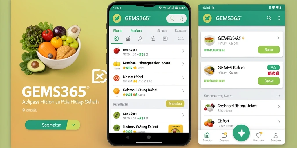 Antarmuka GEMS365 yang intuitif untuk menghitung kalori dengan mudah.